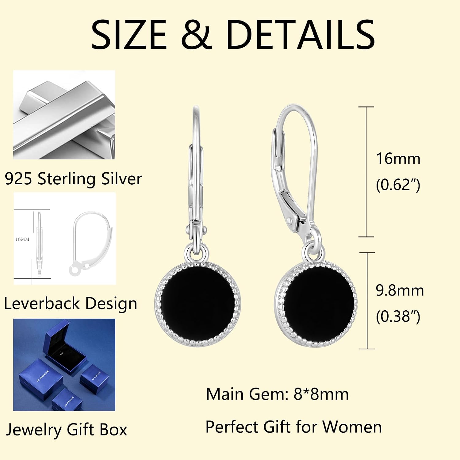 Round Black Onyx Jewelry Set - 925 Sterling Silver Necklace & Leverback Earrings