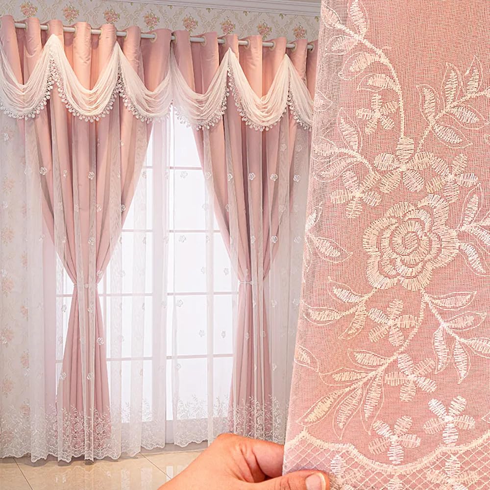 Amidoudou 1 Pair Simple Double Layer Curtains for Living Room Luxury Floral Embroidered Curtains with Wavy Valance (Pink,66 x 90 Inch) — image 1