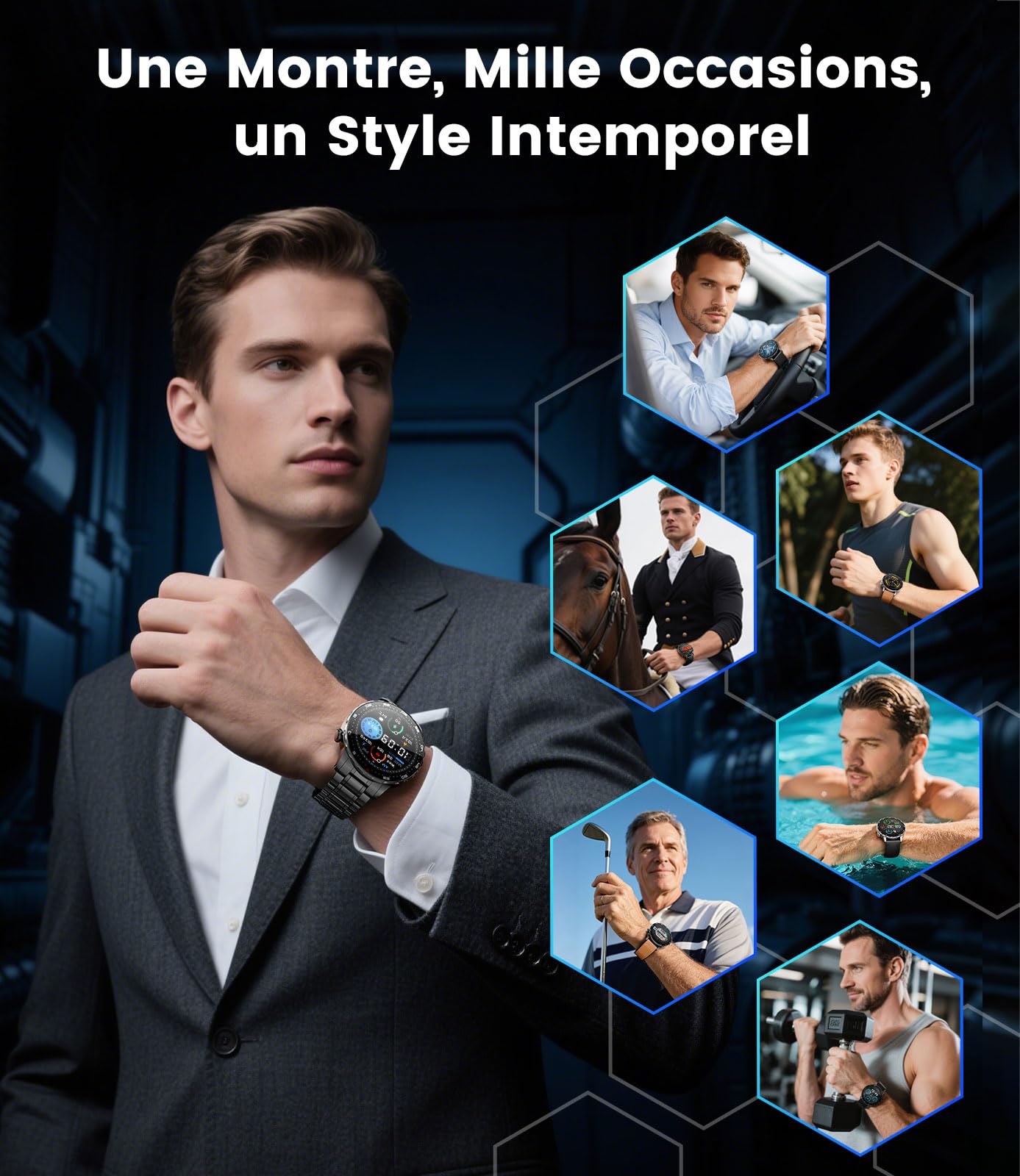 Montre Connectée Homme SML21, Écran AMOLED 1,43" HD, Appels Bluetooth, Autonomie 15 Jours, Notifications Intelligentes, Étanche, Compatible iOS et Android – Noir Profond