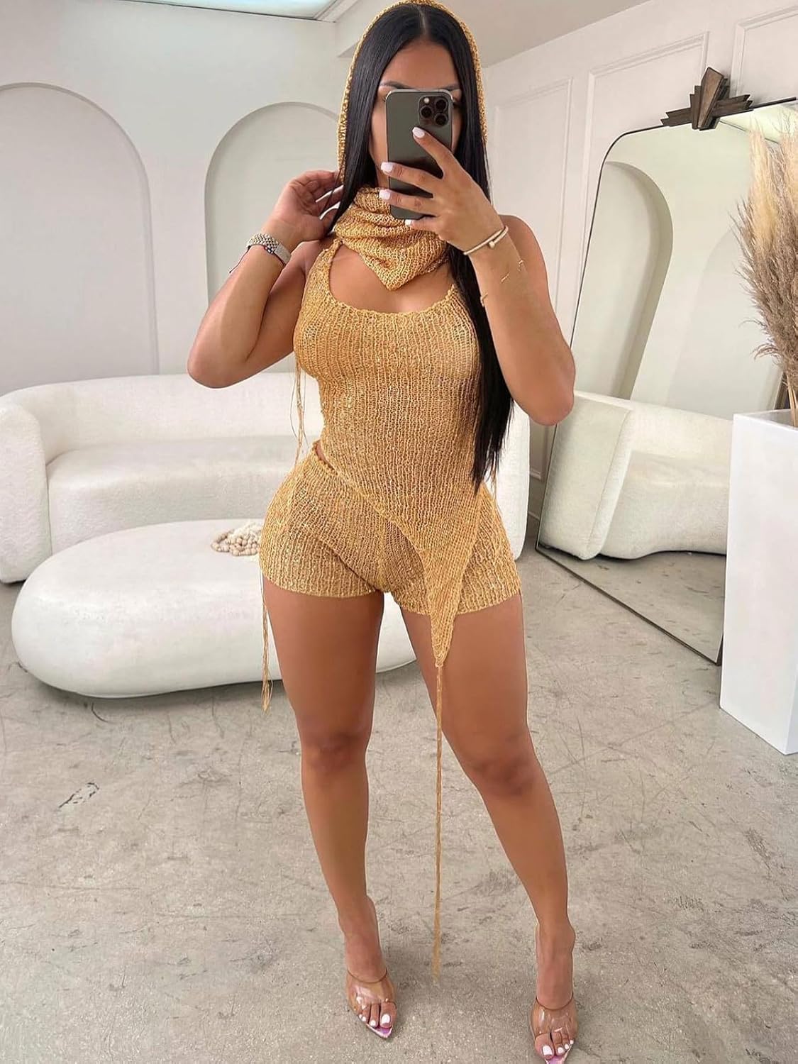 KANSOON Sexy Two Piece Outfits for Women Sequin Knit Backless Irregular Halter Tank Top Crochet Shorts Set with Shades - Image 2