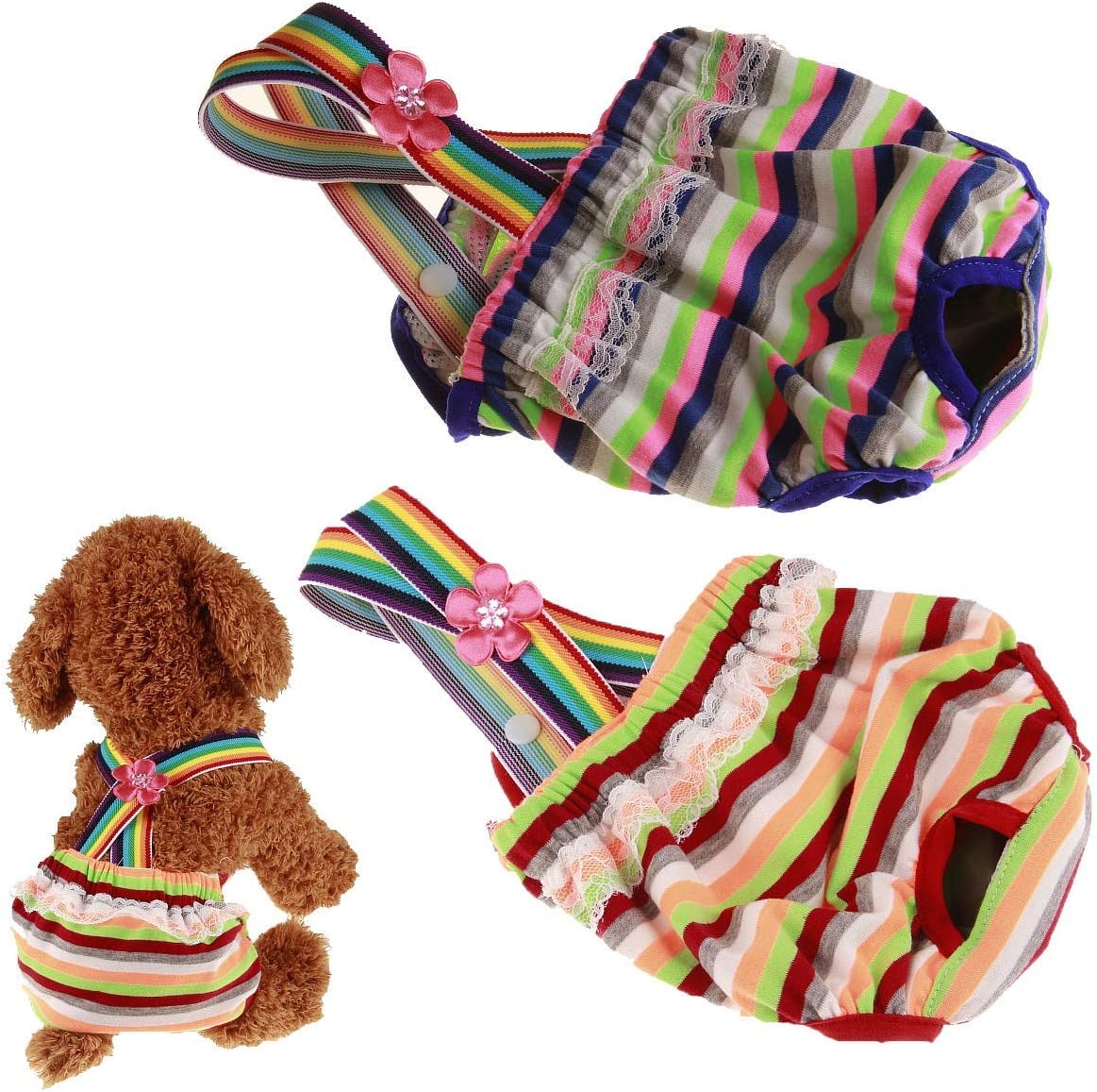 LEMON PET Female Dog Diapers with Adjustable Tighten Strap Physiological Sanitary Panties Washable Reusable Puppy Nappies, 2pcs Pack (XS, Blue+Green)