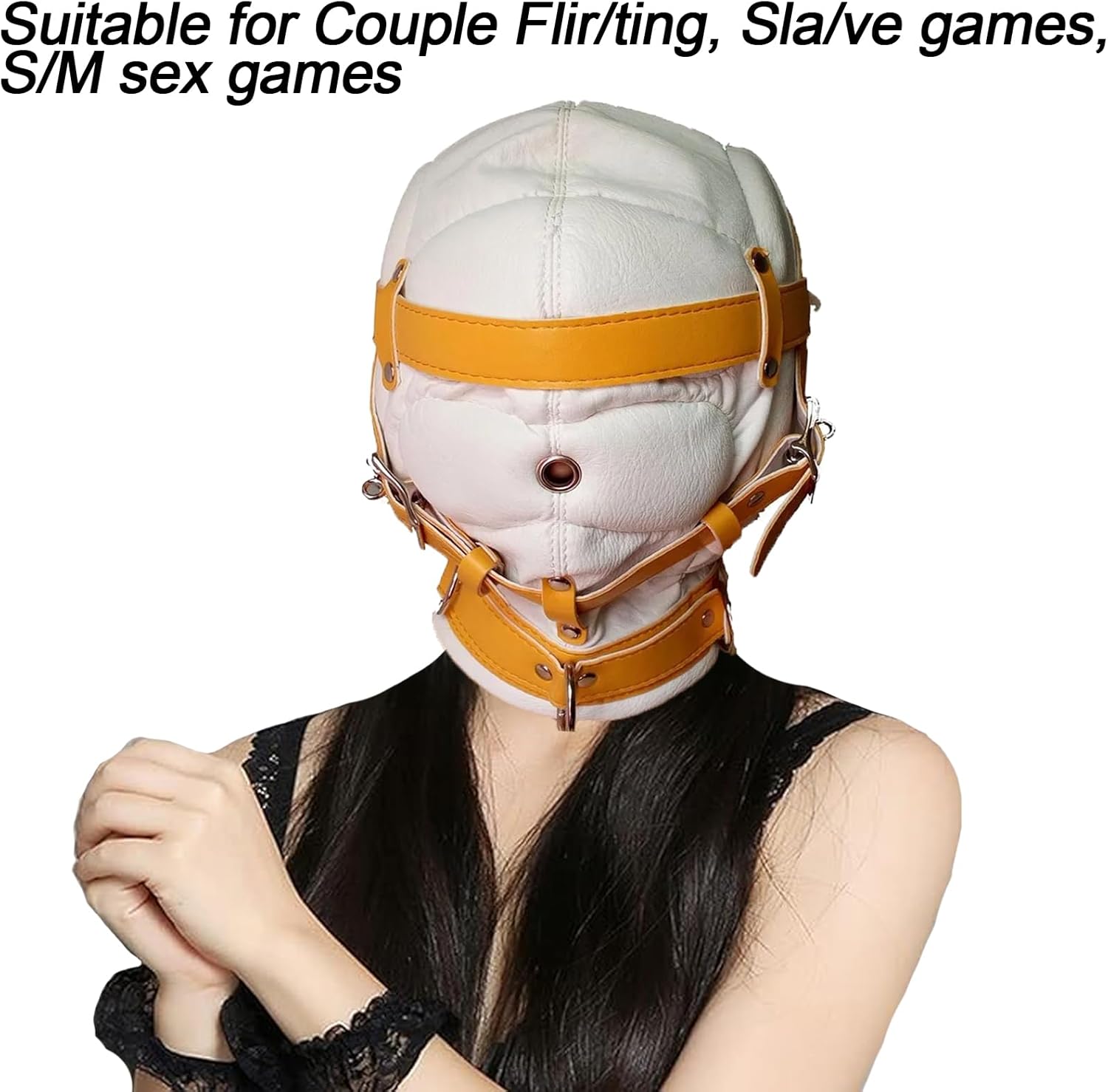 SM Leather Bondage Mask, All-Inclusive Full Face Restraint Mouth Open Head Masks Hood With Neck Collar, Bondage Blindfold Mask Hood, Fetish Adult Cosplay Training Sex Toys SM Flirt Masks