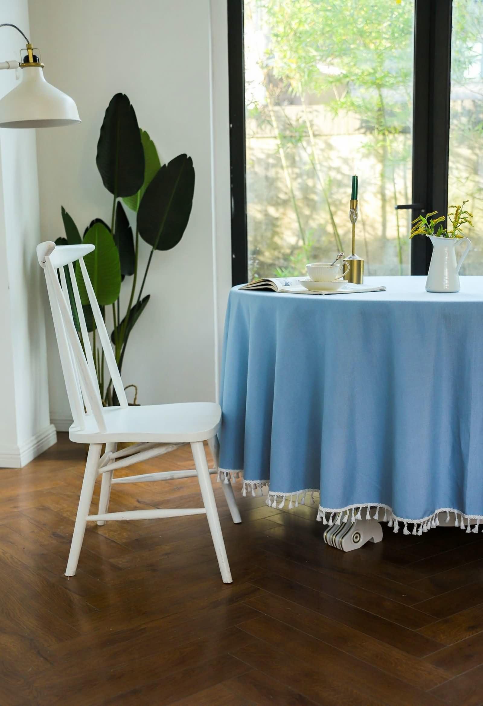 Mantel Lavable Redondo Azul Claro, Color Sólido con Borlas, de Algodón y Lino Elegante, 240 cm, Mantel para Jardín y Terraza