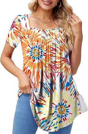 Xpenyo Women's Petal Sleeve Tunic Top - Square Neck Pleated Blouse For Leggings, Rayon Spandex