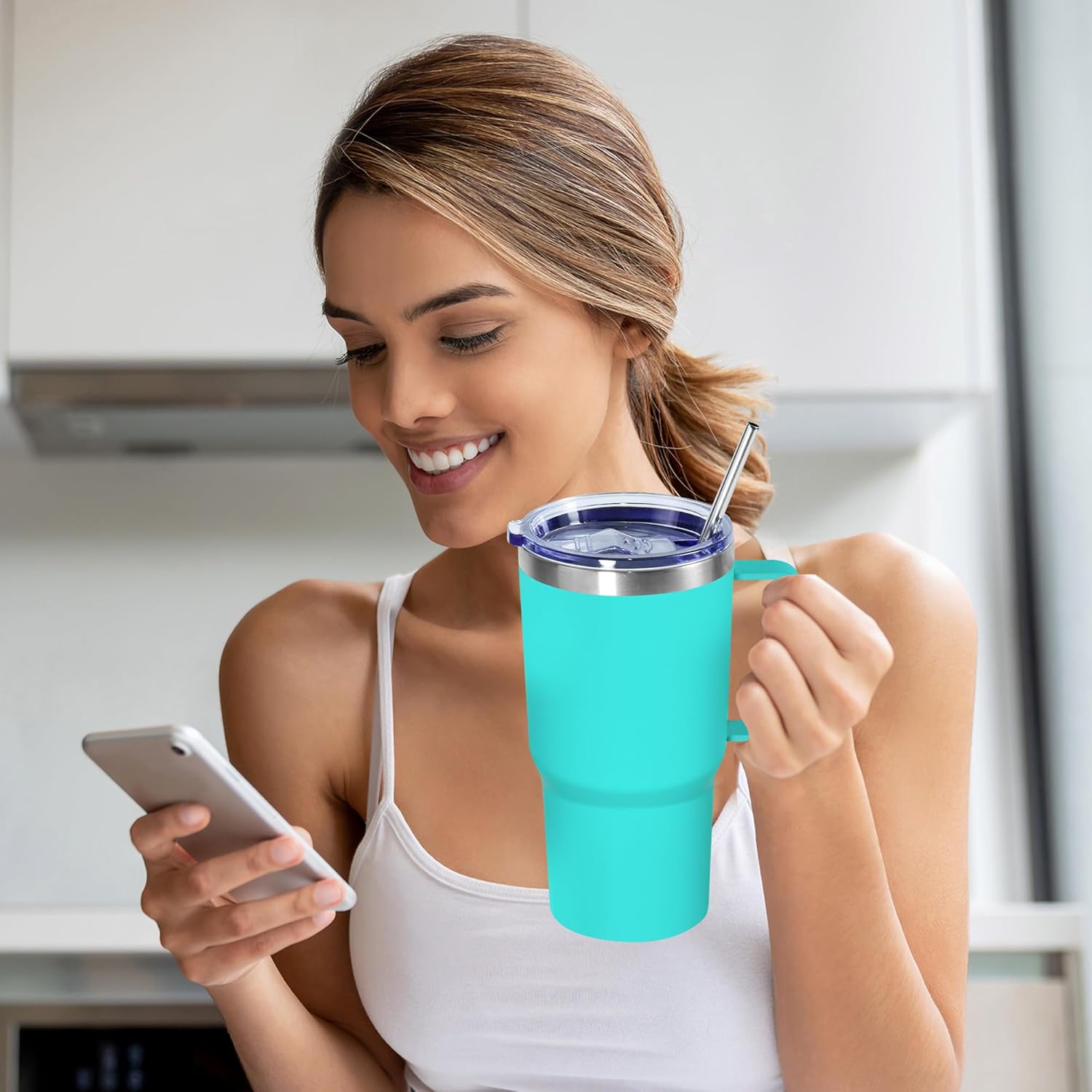 20 oz Tumbler with Handle, insulated cup coffee mug with lid, straw and handle, Double Wall Stainless Steel Vacuum Coffee Tumbler travel mug spill proof, 1pcs Light Green - Image 6