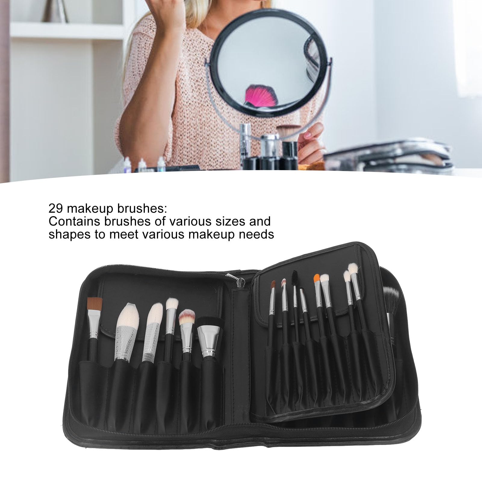 FILFEEL Set di Pennelli per Trucco in Pelo di Capra 29 Pezzi con Manico in Legno e Puntali in Alluminio, Pennelli Cosmetici Professionali in Custodia con Cerniera per il Viaggio