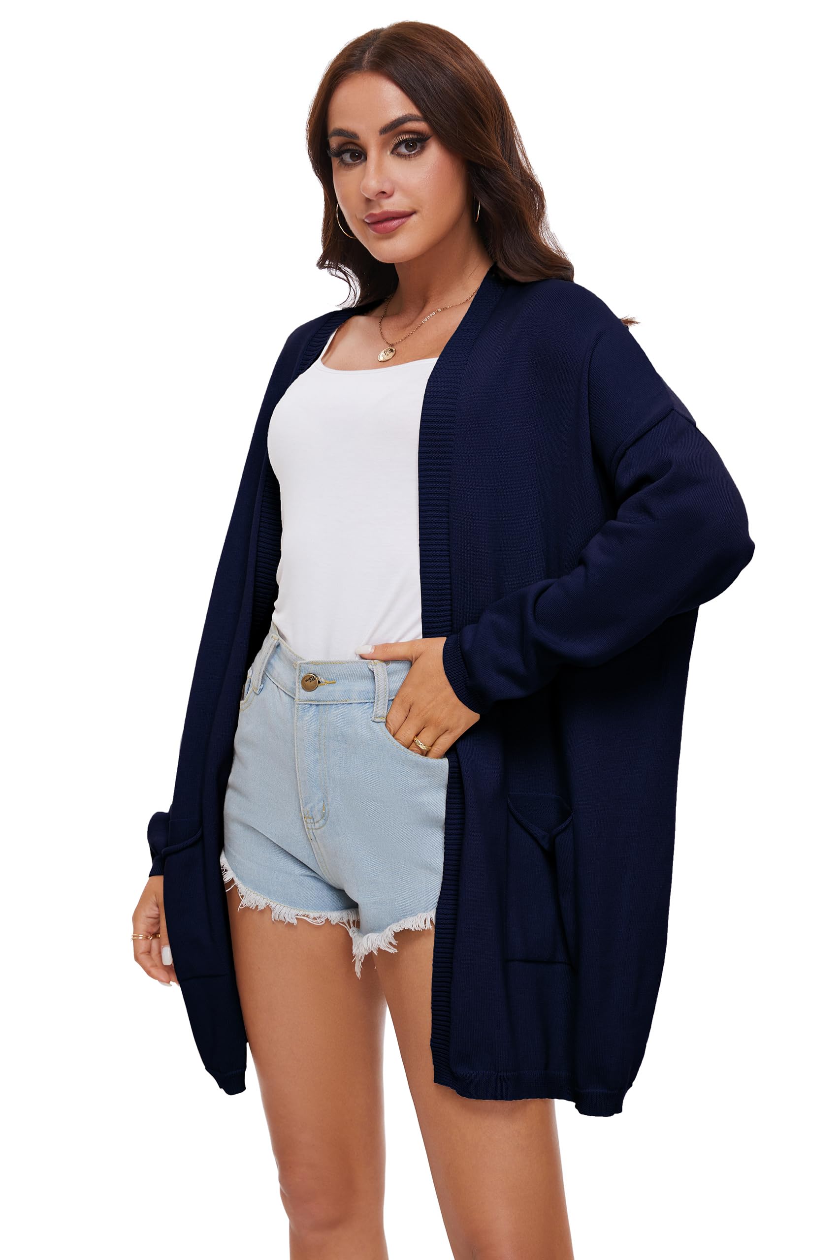 Cardigan Aperto in Cotone 100% per Donna con Tasche, Maniche Lunghe, Morbido, Oversize, Maglione Casual da Donna, Blu Navy, M