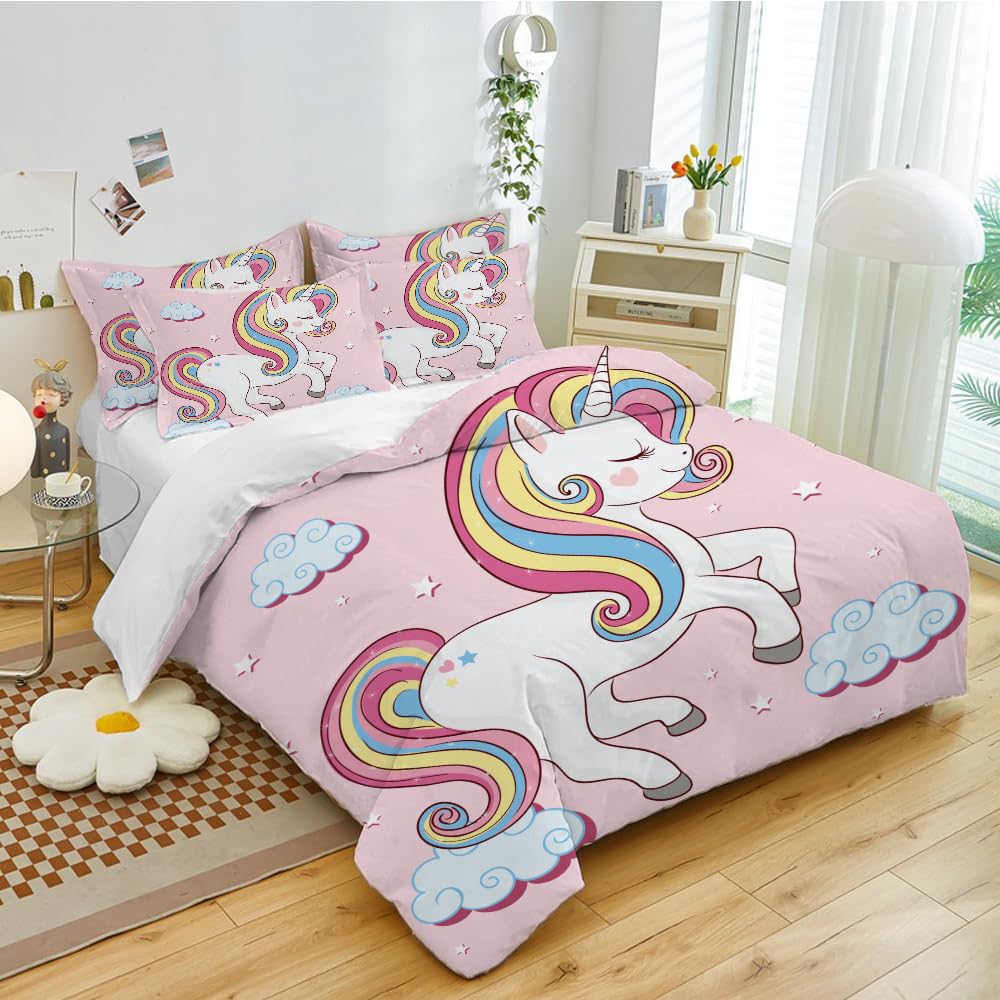 CIUNVXD Juego de 3 fundas de edredón para niños y niñas con dibujos animados de unicornio, lindo unicornio, arcoíris y unicornios para niños y niñas (B, 135 x 200 cm)
