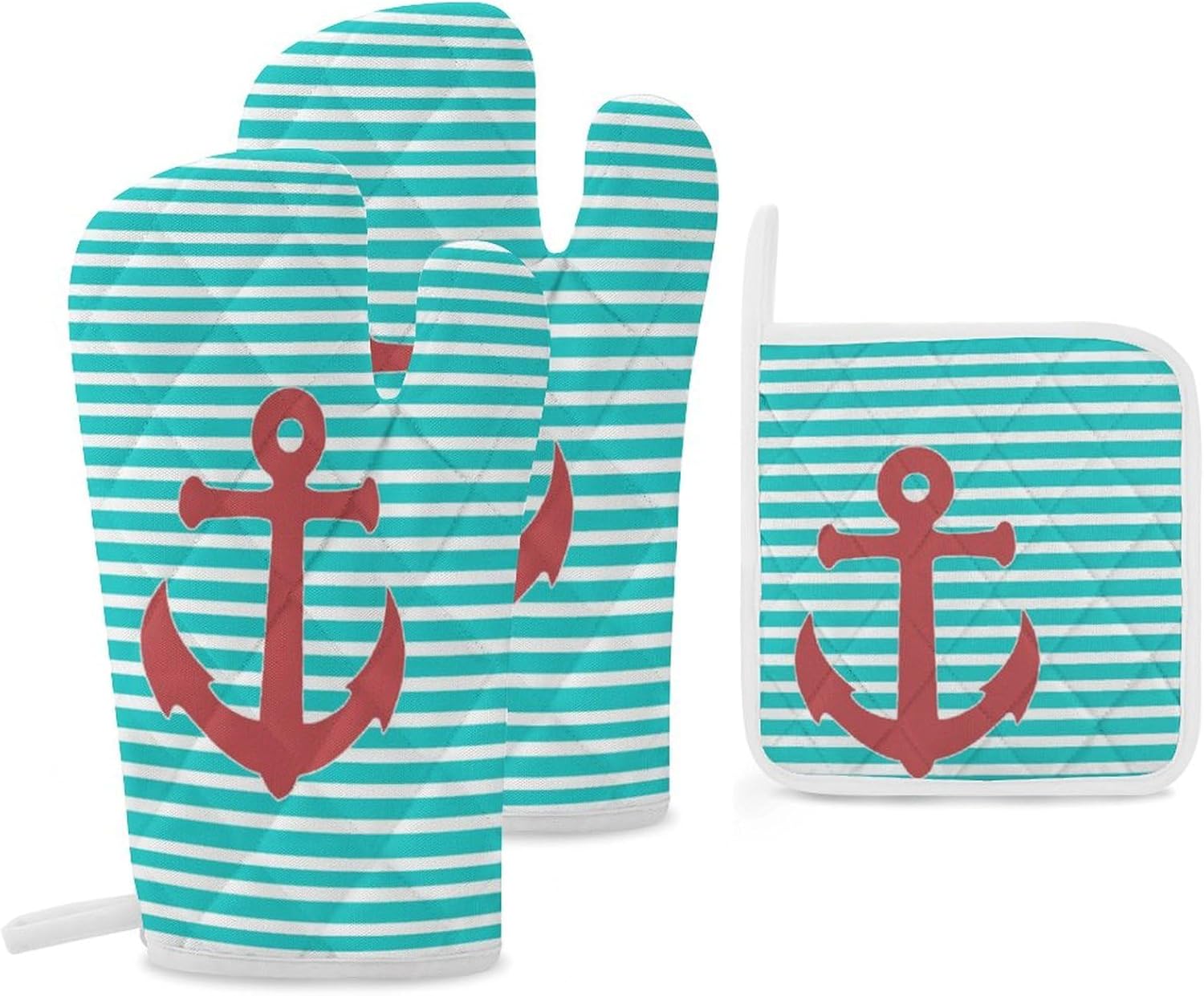 3PCS Oven Mitts and Pot Holders Sets, Stylish Anchor and Stripes Oven Mitts Set Heat Resistant Kitchen Microwave Gloves Safe for Baking,Cooking, BBQ