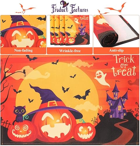 Miniatura 3 de HEMOTON Juego de 4 manteles individuales de Halloween, 12 x 18 pulgadas, diseño de castillo de murciélago, fantasma, calabaza, manteles individuales