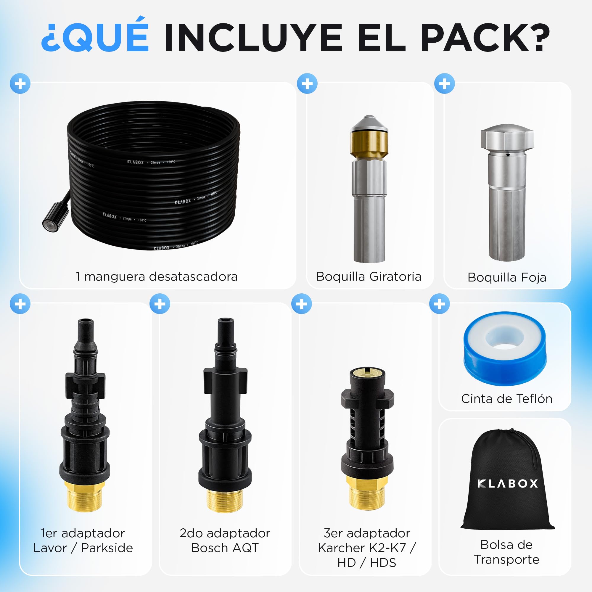 Desatascador Tuberias a Presion 15m | Desatascador Karcher compatible con Karcher K2-K7, Lavor, Bosch, Parkside y más Marcas | Incluye 3 Adaptadores, 2 Boquillas, 1 Bolsa y 1 Cinta Teflón