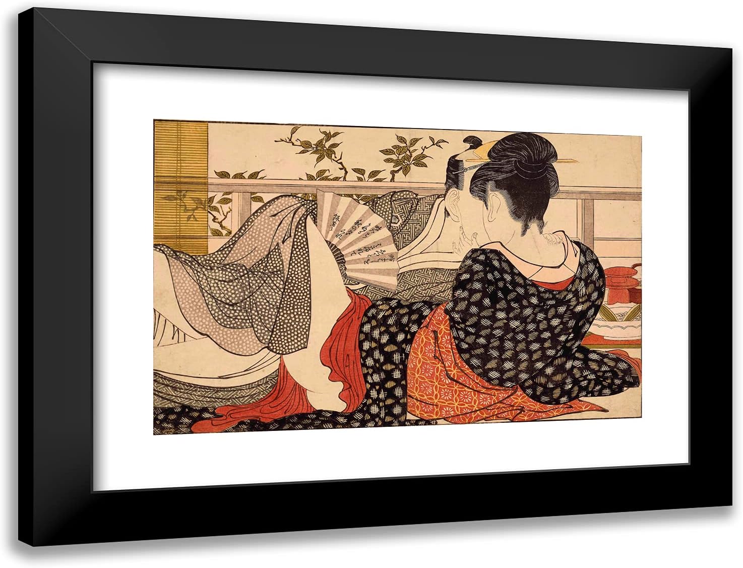 ArtDirect Utamaro, Kitagawa 24x18 Black Modern Framed Art Print with Double Matting Titled: Lovers in an Upstairs Room