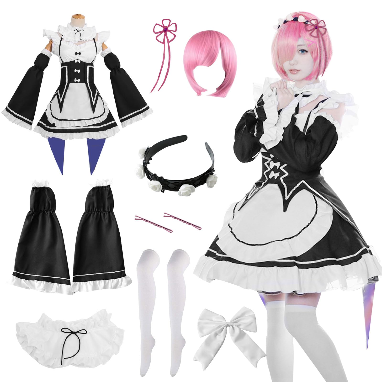 YushengTai Black White Maid Outfit, Cosplay Maid Dress, Classic Cosplay Anime Costume, Maid Dress with Pink Wig, Women's Fancy Dress Costume, Christmas, Halloween Party, Carnival Costume, XL