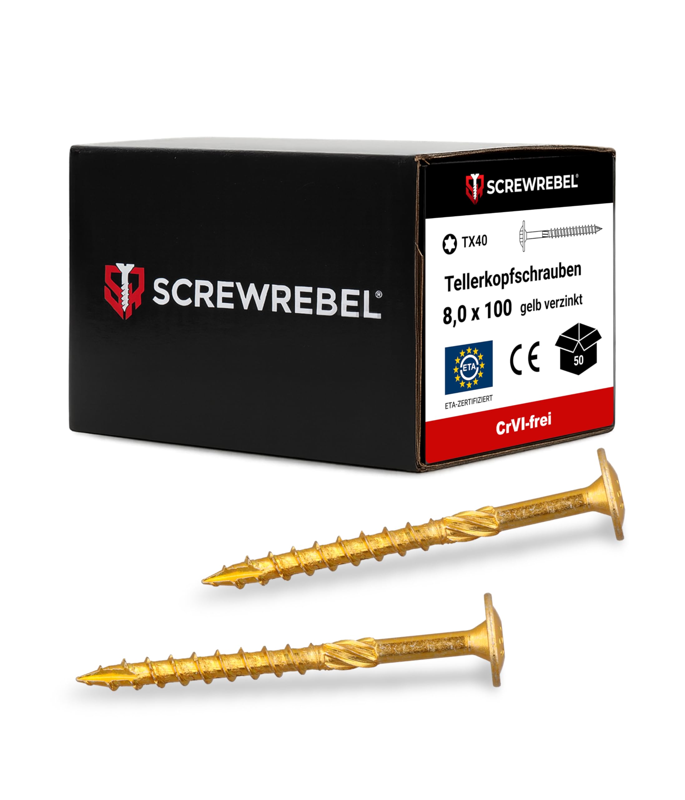 SCREW REBEL® Tellerkopfschrauben 8x100mm – [50 Stück], – Kraftsparend dank Reibteil & Cut-Spitze – selbstschneidend, TX40 Antrieb – Holzbauschrauben mit ETA-Zulassung – CrVI-frei & korrosionsbeständig