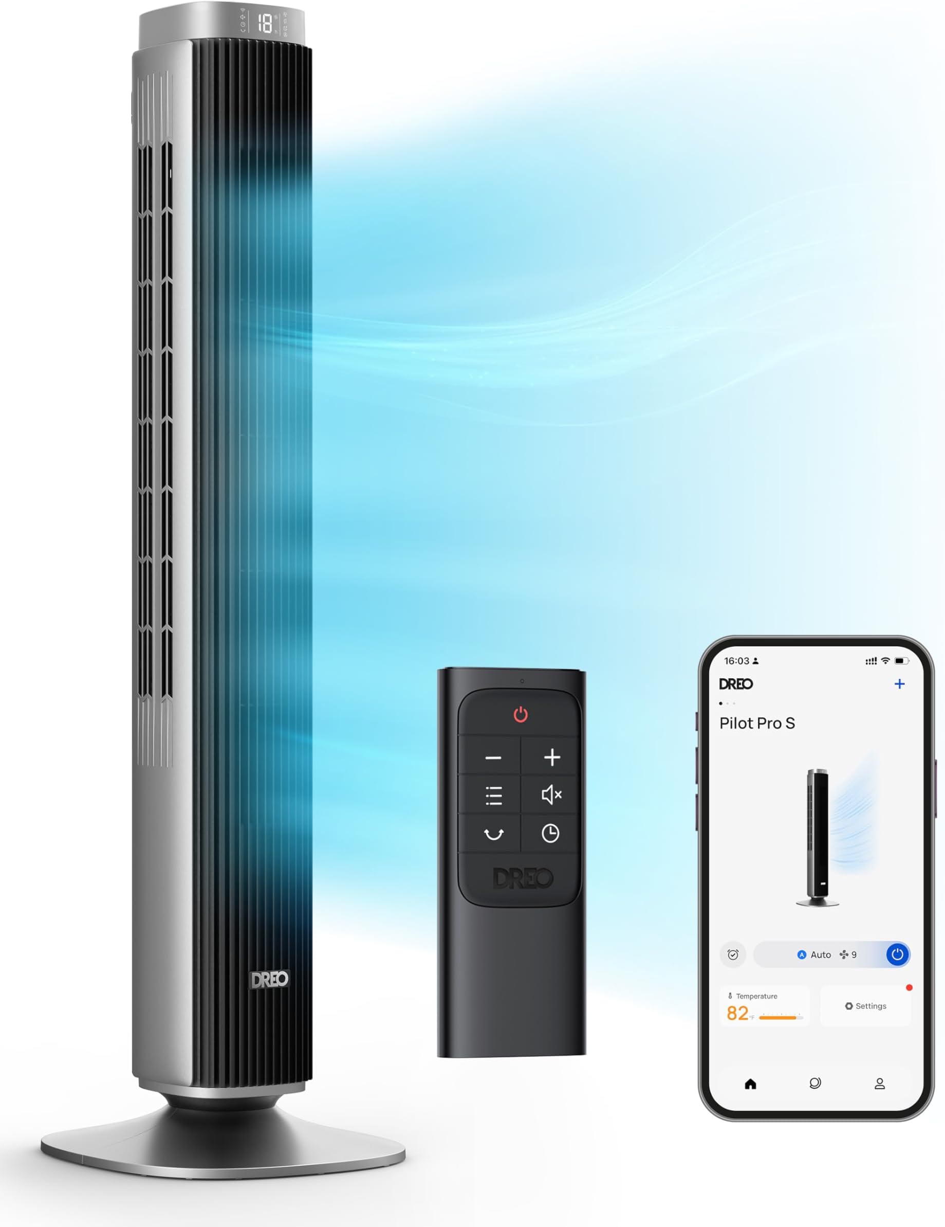 Dreo 42'' Pilot Pro Tower Fan with Remote, 25 DB Quiet DC Portable Bladeless Fan, 90° Oscillating,12H Timer, 9 Speeds,4 Modes, LED Display, Floor Fans for Bedroom Home Office, Black (DR-HTF005)