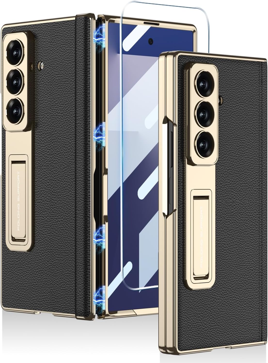 Leather Case for Samsung Galaxy Z Fold 7 with Kickstand,[Built-in Screen Protector and Magnetic Hinge Protection] Slim Luxury Plating Frame Shockproof Cover for Samsung Galaxy Z Fold 7(Gold+Black)