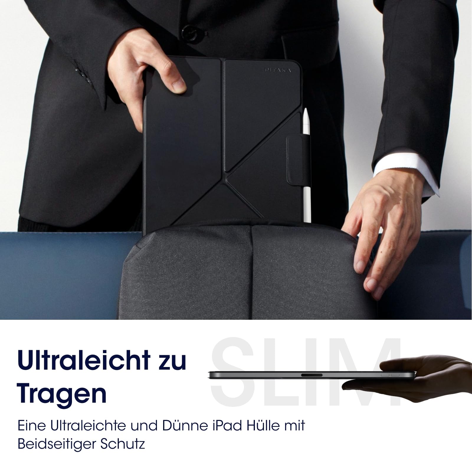 pitaka Hülle für iPad Air 11 M4/M3/M2 mit Stifthalter Folio 2 Schwarz | Hülle für iPad Air 11 2026–2024 & Pro 11 2022-2018 mit Stifthalter aus PU Leder Magnetständer ideal für Studium & Zeichnen