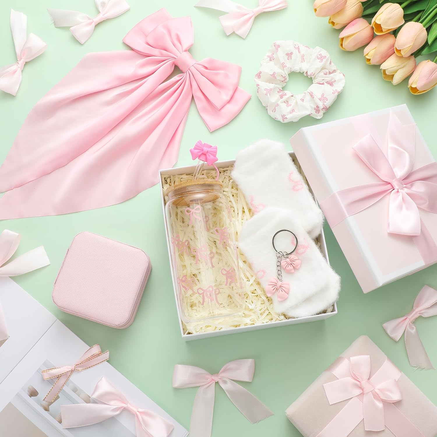 Honeydak 9 Pcs Pink Coquette Bow Gift Set with 16 oz Aesthetic Pink Glass Cup, Jewelry Box, Socks, Hairband, Keychain, Gift Box, Bow Knot Coquette Stuff Presents for Girls Women Sister Friend