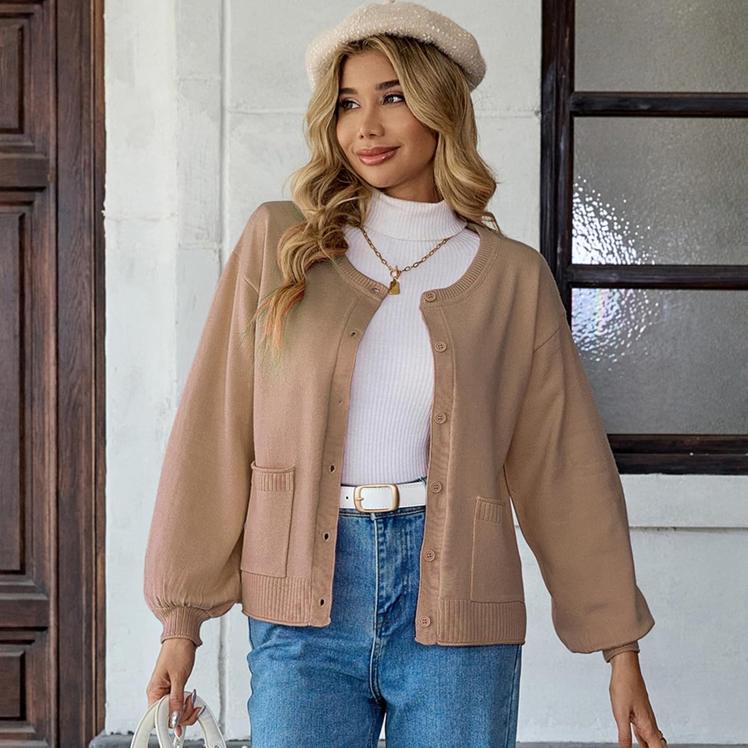 HOTIAN Womens Cardigan Sweater Knit Button Down Crew Neck Long Sleeve Tops Fall Winter - Image 6