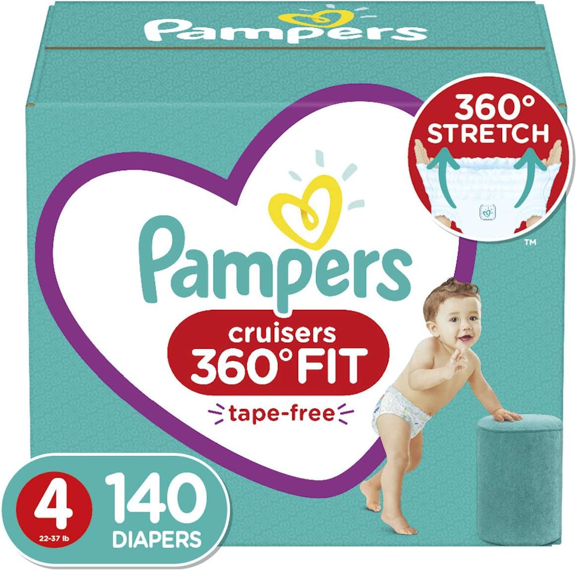 Diapers Size 4, 140 Count - Pampers Pull On Cruisers 360Ë Fit Disposable Baby Diapers with Stretchy Waistband, ONE Month Supply (Packaging May Vary)