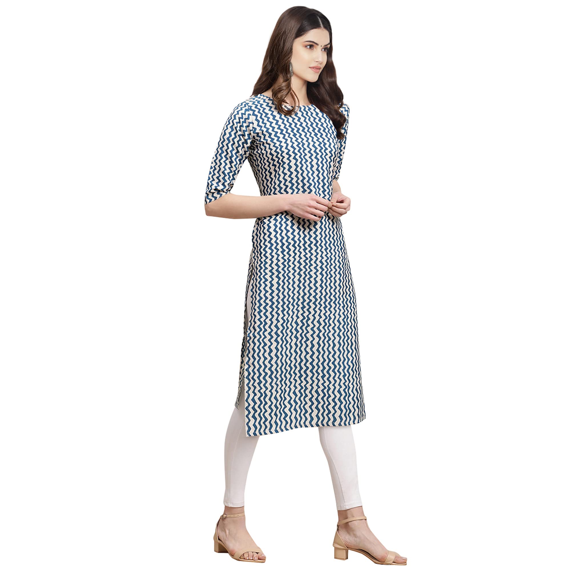 Pinkmint Women's Crepe White & Blue Color Zig Zag Printed Straight Kurti (530331-Xxl)