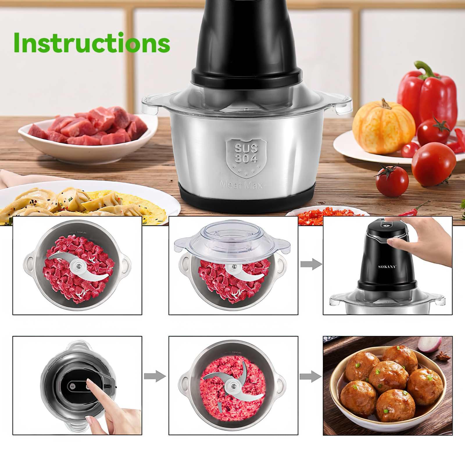 Tritatutto Elettrico 2L Tritacarne 400W Con 4 Lame Rimovibili, 2 Livelli Di Velocità, Per Carne Verdura E Frutta Cipolla Aglio Alimenti Bambino