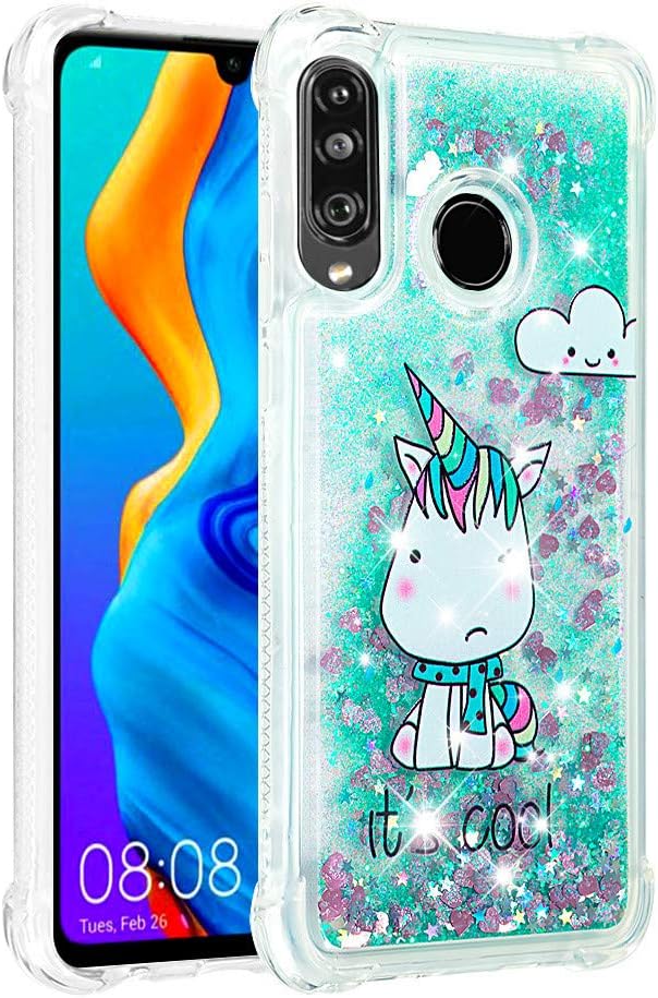 ISADENSER Huawei P30 Lite Case Huawei Nova 4E Case Clear Soft TPU Glitter Stylish with air Corner 3D Hearts Quicksand Shiny Flowing Liquid Protective Cover for Huawei P30 Lite Cool Unicorn YB