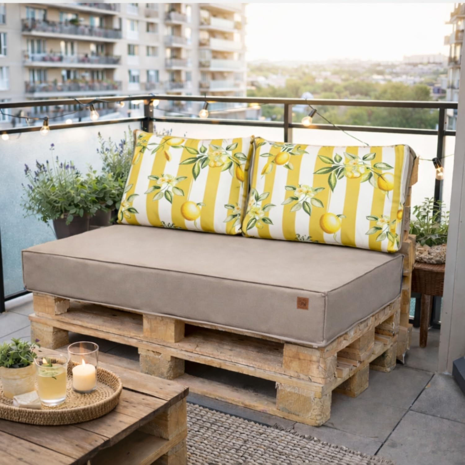 Palettenkissen Set für Palettenmöbel 120 x 80, Wasserdicht Europaletten Sitzkissen Made in EU, Palettensofa Outdoor Komplett in Farbe: (Beige + Zitronen, Sitz 120x80+2 Kissen 60x40)