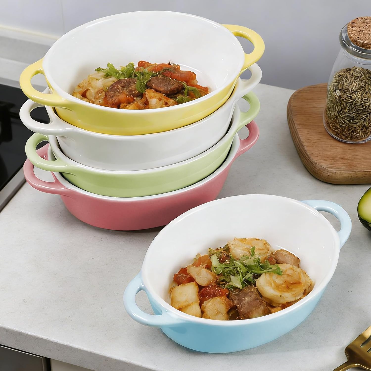 5 Pack Oval Porcelain Ramekins, 10 oz Oven Safe Mini Casserole Baking Dishes, Individual Porcelain Souffle Bowls with Handles, Small Gratin and Dessert Ramekins, 5 Colors