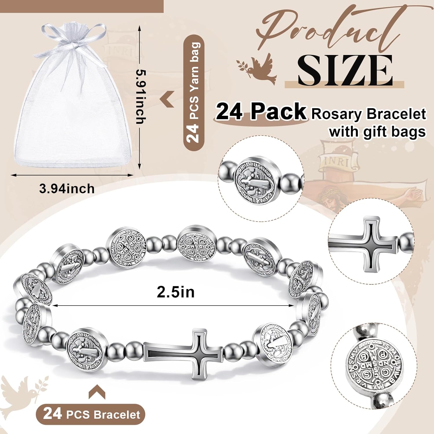 Junkin 24 Pcs Rosary Bracelet Bulk St Benedict Catholic Stretch Bracelet for Women Men with Organza Bags First Communion Jewelry Gift for Christian Baptism Religious Birthday