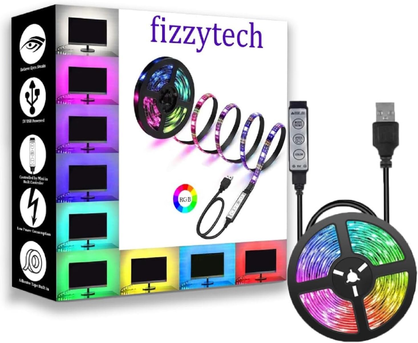 fizzytech USB Powered 5V RGB LED Strip Light 1M with Controller โ Multi Color Ambient Backlight for TVs up to 28 Inch, PC and Laptop