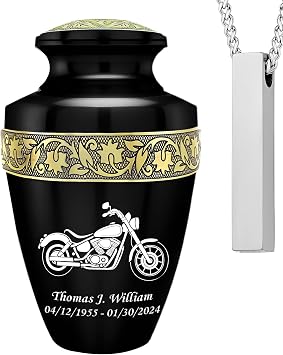Set of 2 Custom Engraved Cruiser Motorcycle Decorative Cremation Urns for Ashes Adult Male & Female - Includes 1 Large Urn and 1 Necklaceurn