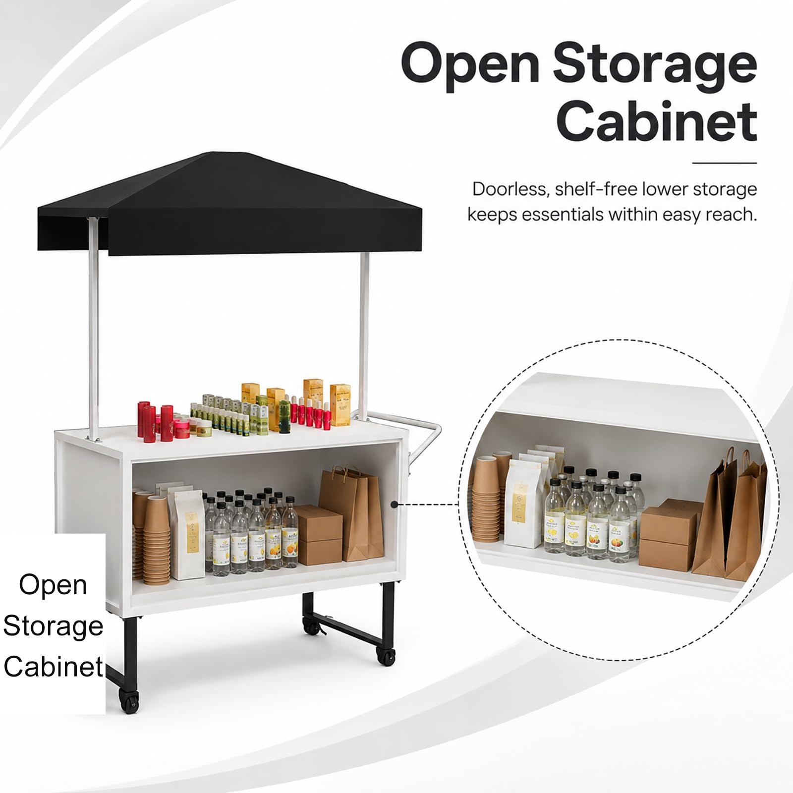 Carrito de Venta con Toldo, Puesto Ambulante con Ruedas, Stand Expositor para Mercadillos y Eventos Promocionales, Puesto para Mercado Agrícola(Orange,120x50x190cm/47x20x75in)