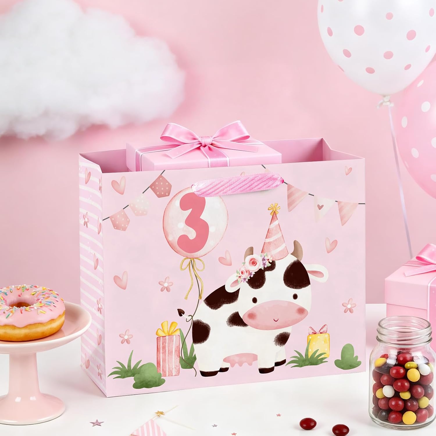 WRAPAHOLIC 13" Large Cow 3rd Birthday Gift Bag with Tissue Paper - Farm Pink Cow Paper Bags for Three Year Old Girls Birthday Party image 5