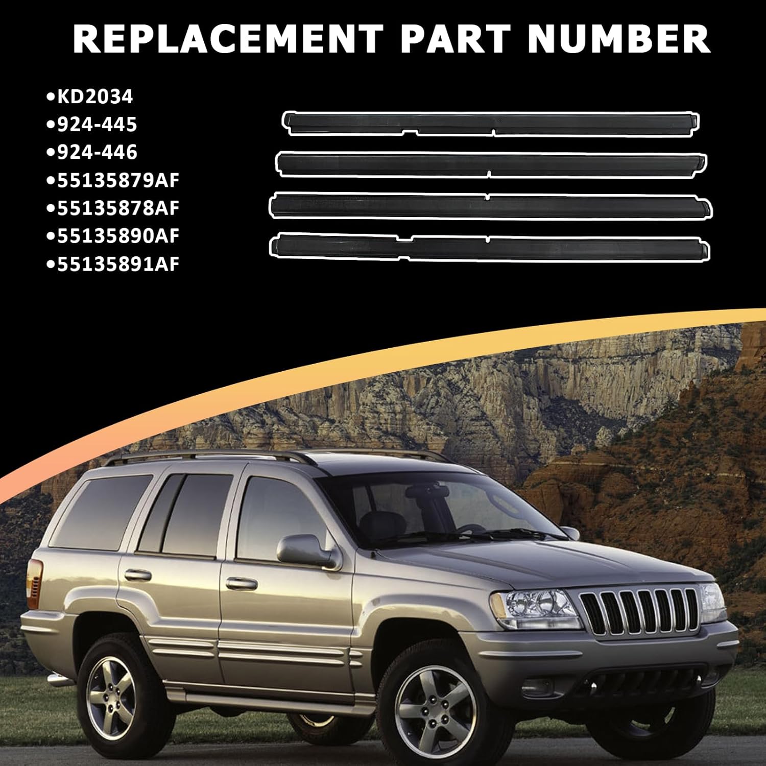 ZONFANT Car Outer Door Window Sweep Molding Trim Weatherstrip Seal Belt Compatible with Jeep Vehicle 1999-2004 Grand Cherokee, Replace#55135879AF 55135878AF 55135890AF 55135891AF