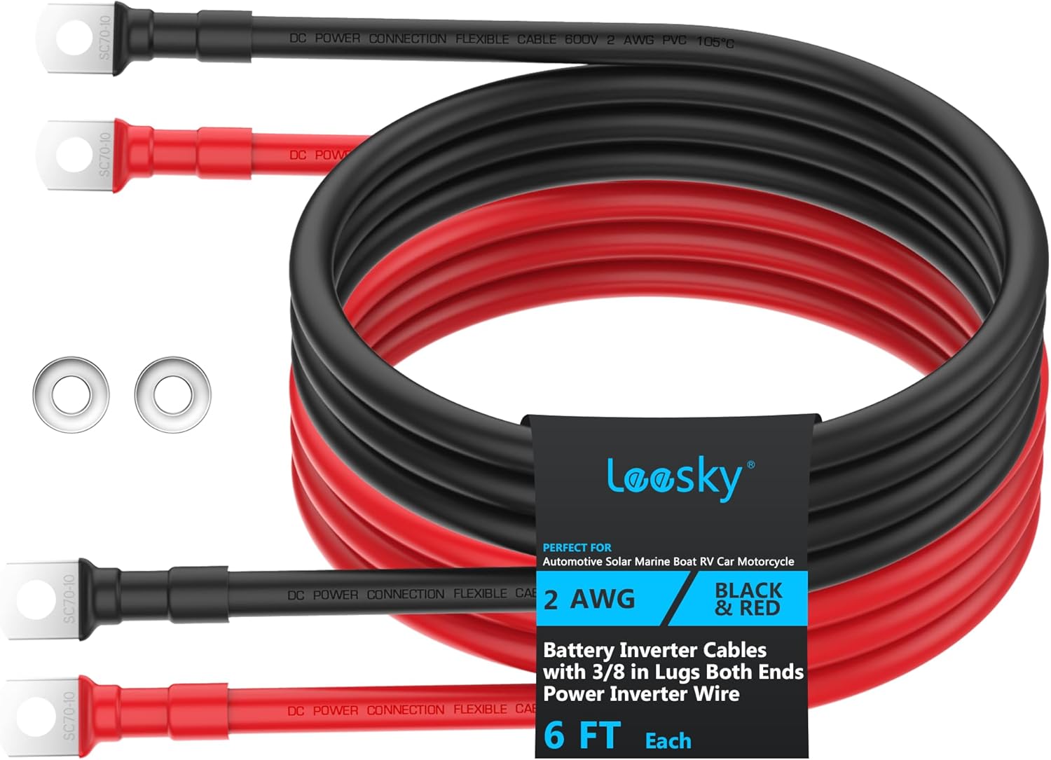 LEESKY 2 AWG Battery Cables 2 Gauge 6 Feet Pure Copper Battery Inverter Cables 3/8 Inch Terminals for Golf Cart Power Inverter Solar RV Marine