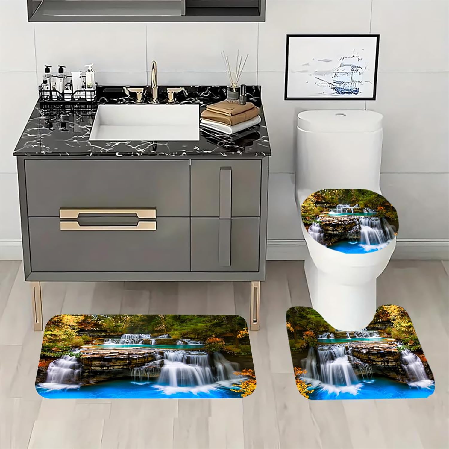 Beautiful Waterfall Landscape Girls Shower Curtain 72"X72" Clear River Water Bathroom Decorations Rock Forest Bathroom Sets with Rugs and Accessories(Bath Mat, 12 Hooks), Shower Curtain