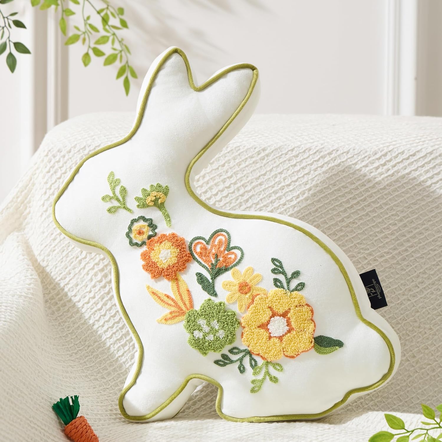 Phantoscope Easter Bunny Throw Pillow - Embroidered Floral Velvet Rabbit Cushion, 18.5x13 White Decor for Couch, Bed & Living Room