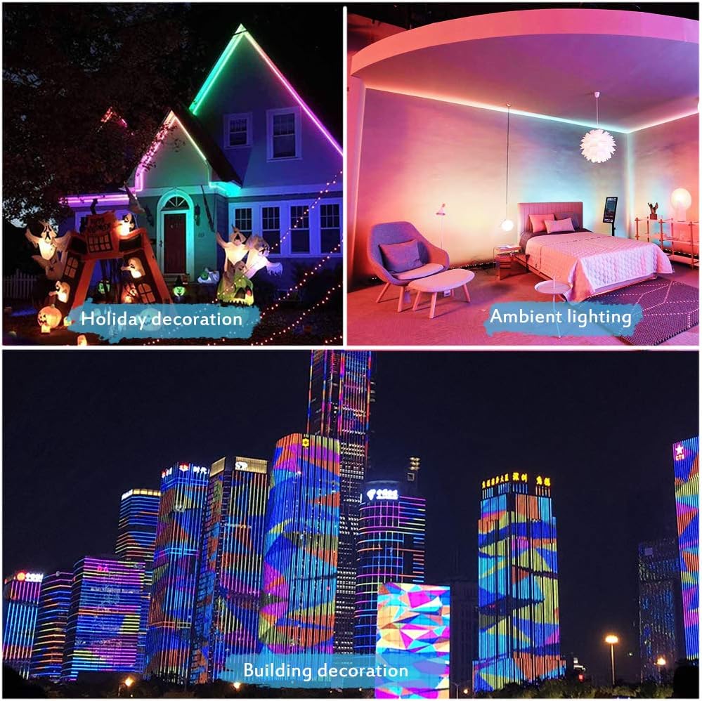 ALITOVE WS2811 LED strip coiled, illuminated with multiple colors, with water droplets on its surface, indicating IP67 waterproof rating for outdoor use.