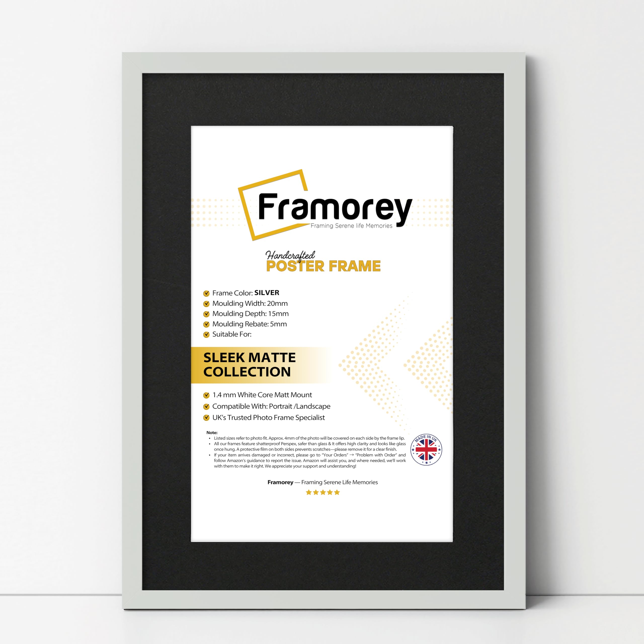 Framorey Framing Serene Life Memories Silver With Black Mount Framorey Thin Matt Silver Photo Frame 22X18" Size Picture Frame With 18X14" Size Black Mount, Flat Wooden Effect Photo Frame, Home Décor Frame, Wall Art Poster Frame