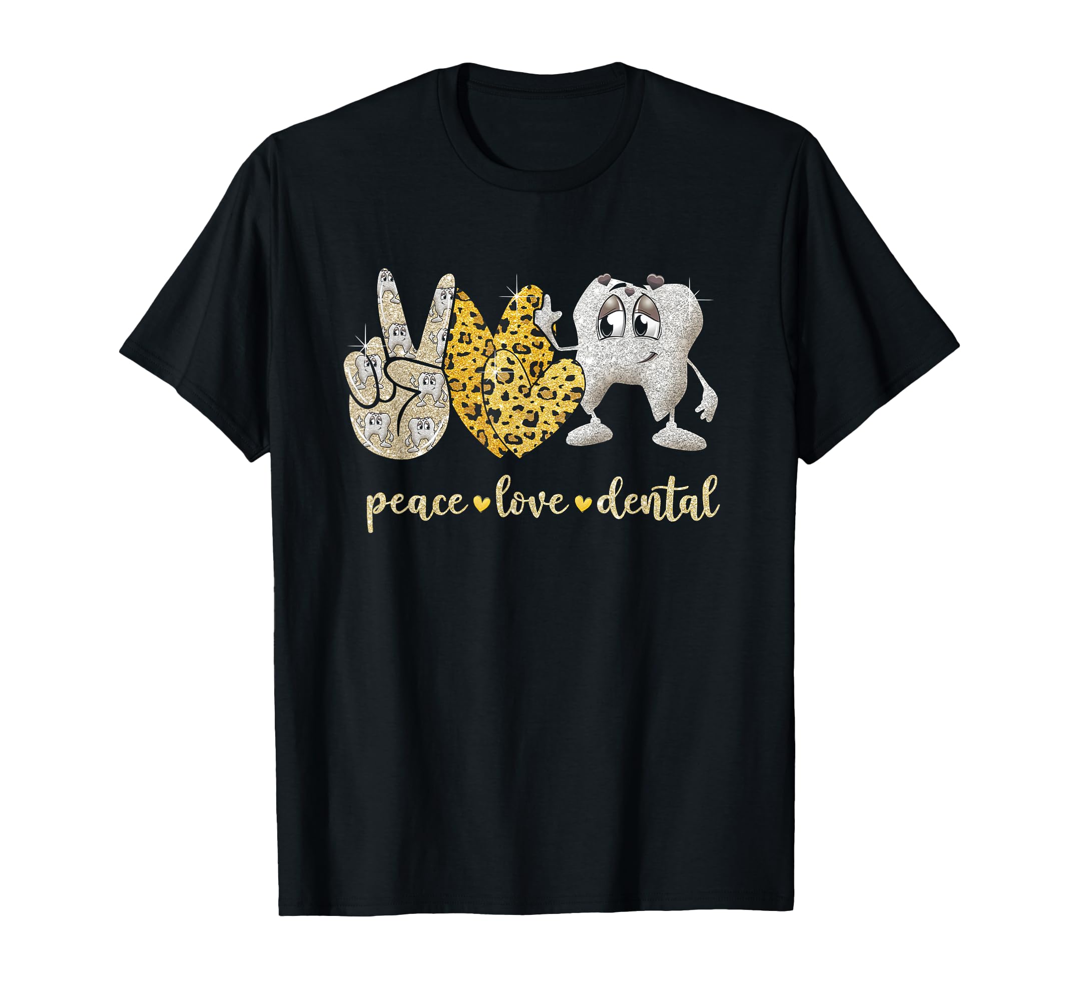 Peace Love Dental Leopard Heart Teeth Cute Dentist T-Shirt, Black