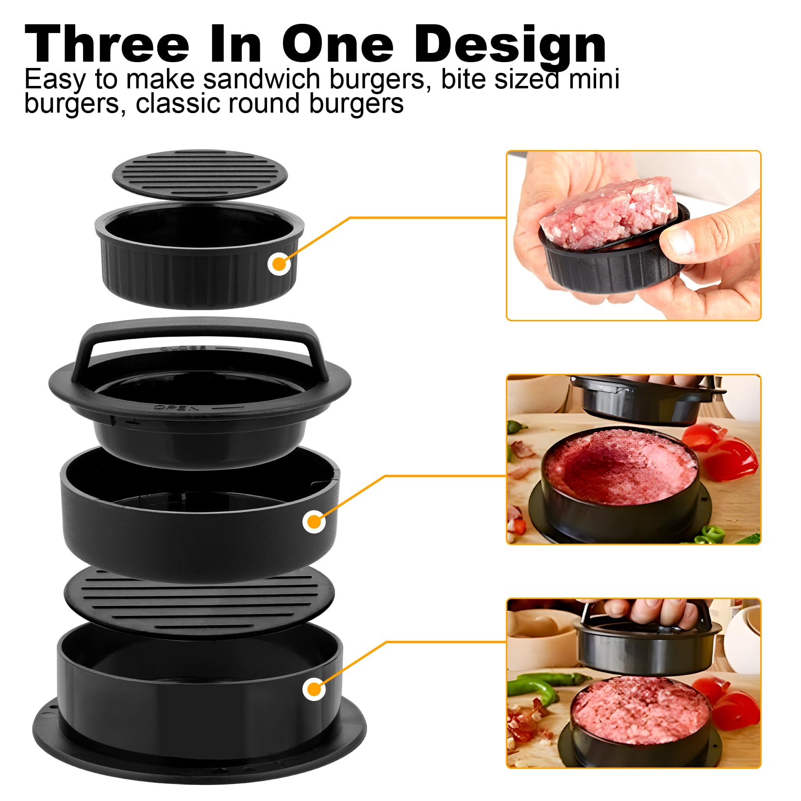 3 in 1 Pressa per Hamburger Attrezzo, Stampo per Hamburger Antiaderenti e Resistenti, Accessori Barbecue, Set Utensili Cucina, con 200 Fogli di Carta Oleata per Hamburgers