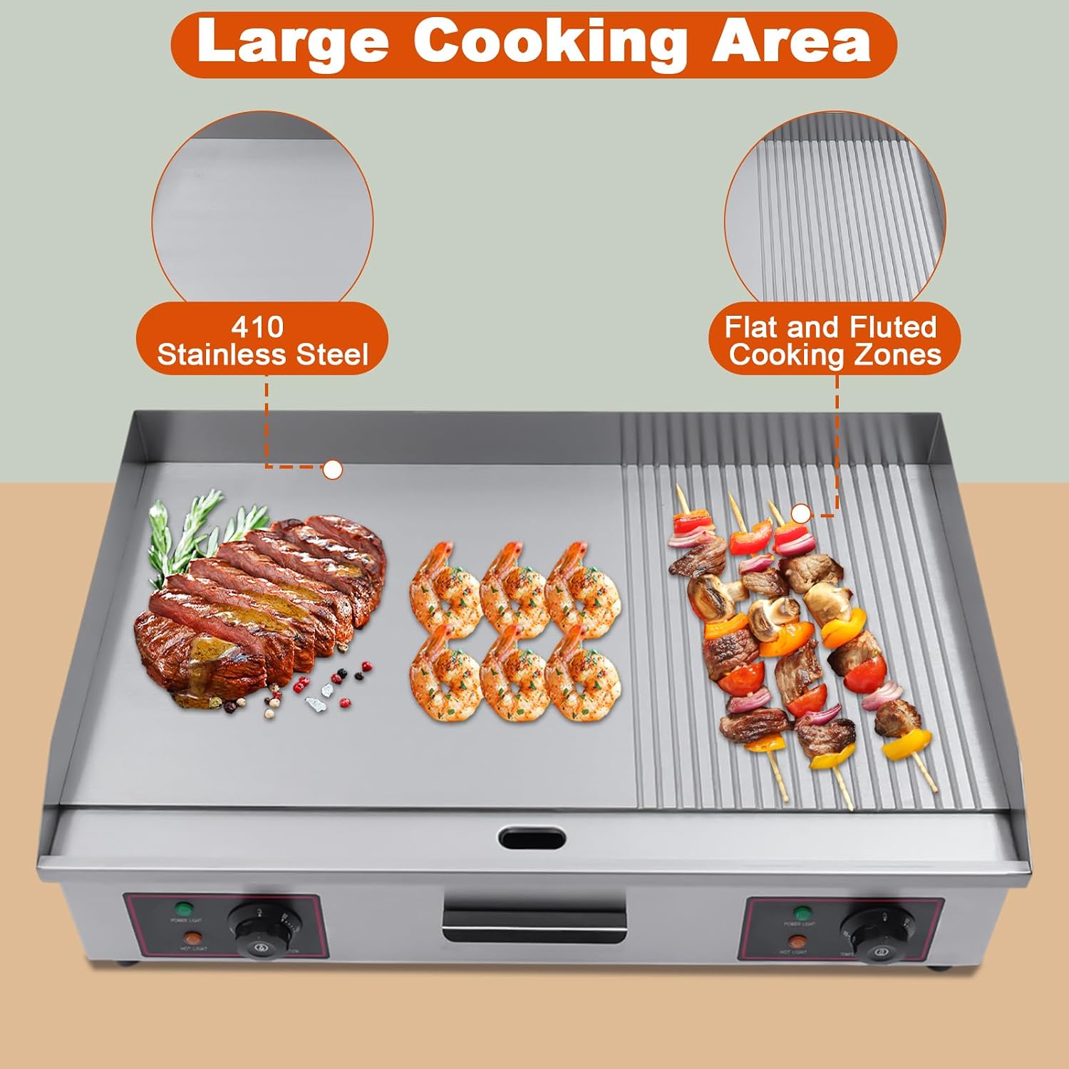Diagram illustrating the large cooking area with flat and fluted zones and 410 stainless steel material.
