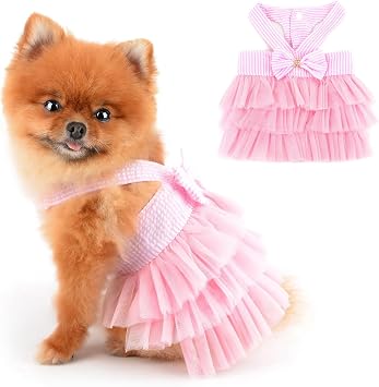 PAIDEFUL Striped Bow Princess Dog Tutu Dress for Small Dogs/Cats Pink XS | Soft Breathable Fabric, Sleeveless Button Fit, Tulle Skirt, Summer Parties & Photos, Small Dogs/Cats, Beaded Puppy Tutu Dress