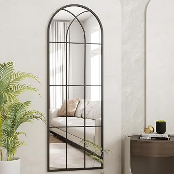Dewfig 65"x 22" Arched Window pane Full Length Mirror, Wall Mirror, Floor Standing Mirrors, Farmhouse Long Full Body Mirrors Wall Mounted for Living Room, Bedroom, Entryway, Fireplace, Black