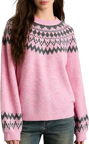 Womens Fair Isle Sweaters 2026 Vintage Sweater Colorful Crew Neck Long Sleeve Pullover Jumper Tops