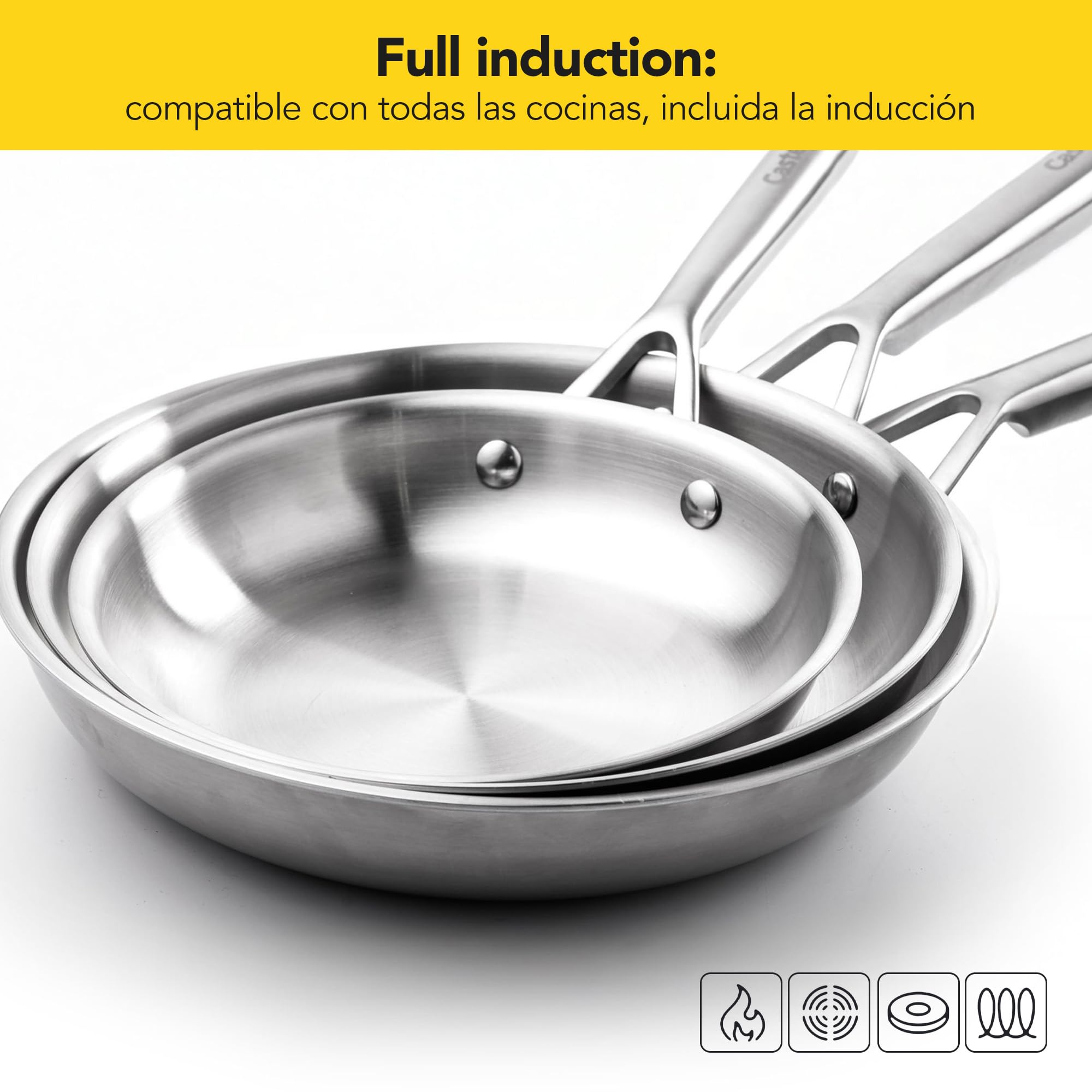 Castey - Sartén Inox Essentials, Modelo E-S24, Color Plata, Tamaño 24 cm, Acero inoxidable, Acabado Elegante, Resistente al desgaste, Apta para Todas las Cocinas