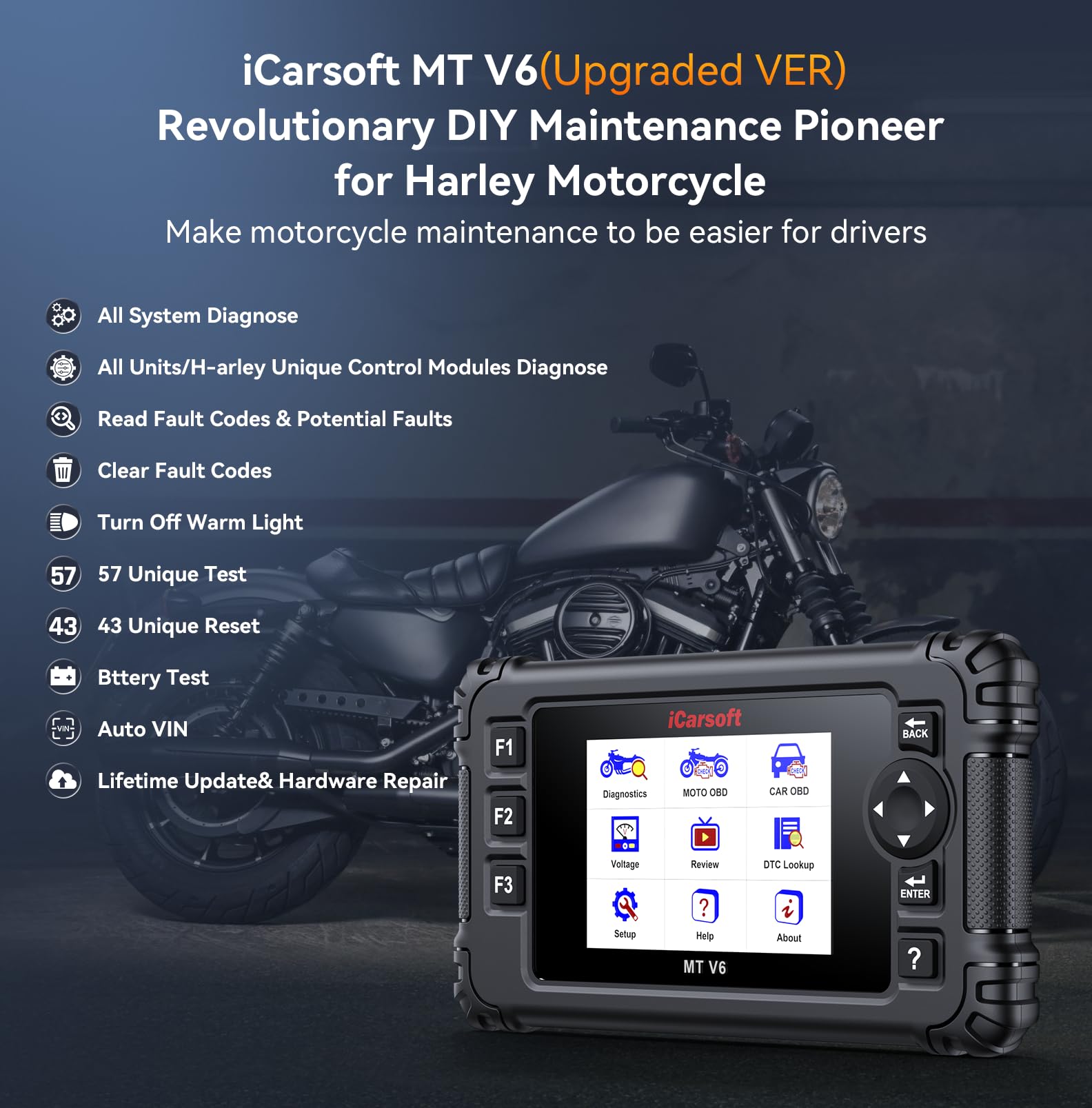 iCarsoft MT V6 Outil de diagnostic de moto pour Harley, tous les systèmes de diagnostic OBD2 avec 57 tests d'actionnement, 43 fonctions spéciales, réinitialisation d'huile/ETC/ABS/ESA/ralenti moteur
