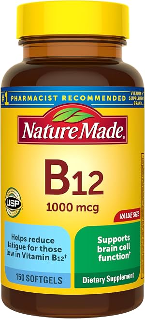 Nature Made Vitamina B12 1000 mcg, soporte del metabolismo energético, 150 cápsulas blandas | Vitaminas B12 1000 mcg, suplemento de soporte del metabolismo energético para mujeres y hombres, sin gluten, suministro para 150 días (Paquete de 1)
