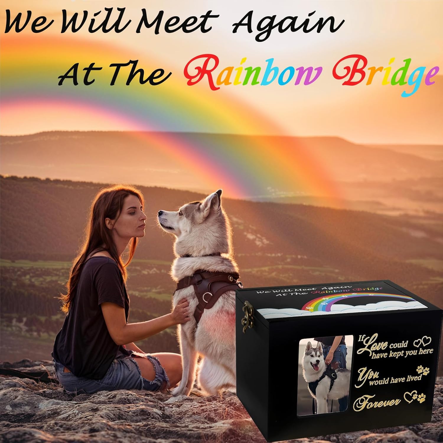 Sofunii Pet Urn for Ashes, Solid Wood Memorial Urn for Dogs & Cats, Rainbow Bridge Keepsake Cremation Box with Photo Frame, Pet Loss Remembrance Gift - Image 5